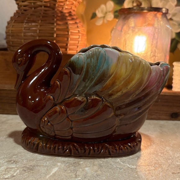 Brown and Blue Decorative Ceramic Swan Figurine Planter - Picture 1 of 12
